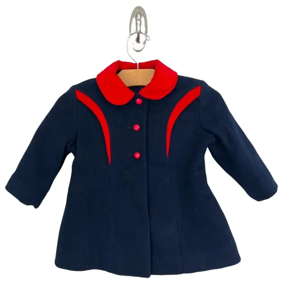 Vtg Rothschild Pea Coat Jacket Wool Navy Blue Red Button Front Union Made Sz S